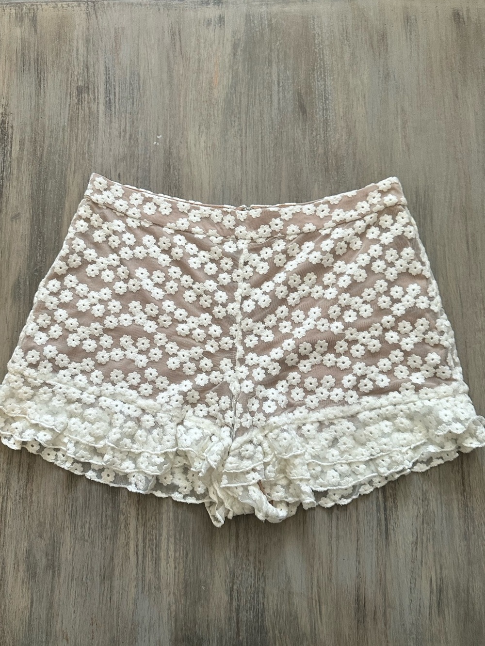 MAJORELLE Cream Floral Lace Ruffle Shorts
